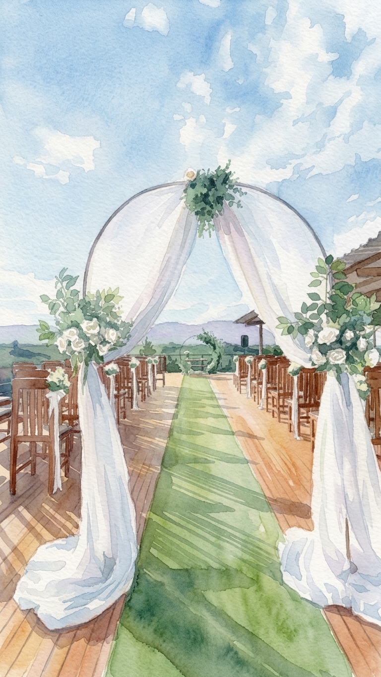 Aquarela do arco de casamento do Sun7 Paradise: tecido branco, folhagens, cadeiras de madeira e passadeira verde